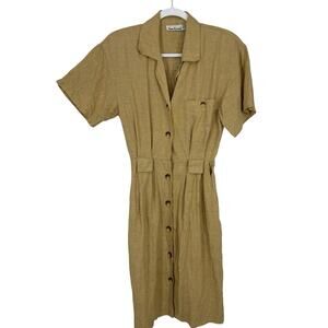 Vintage Anne Klein II Linen Shirt Dress Women size 4 Midi Short Sleeve Gold tan